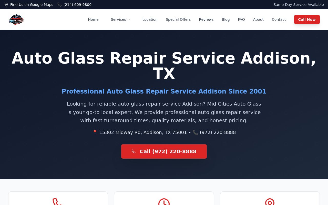 Homepage of Mid Cities Auto Glass's website