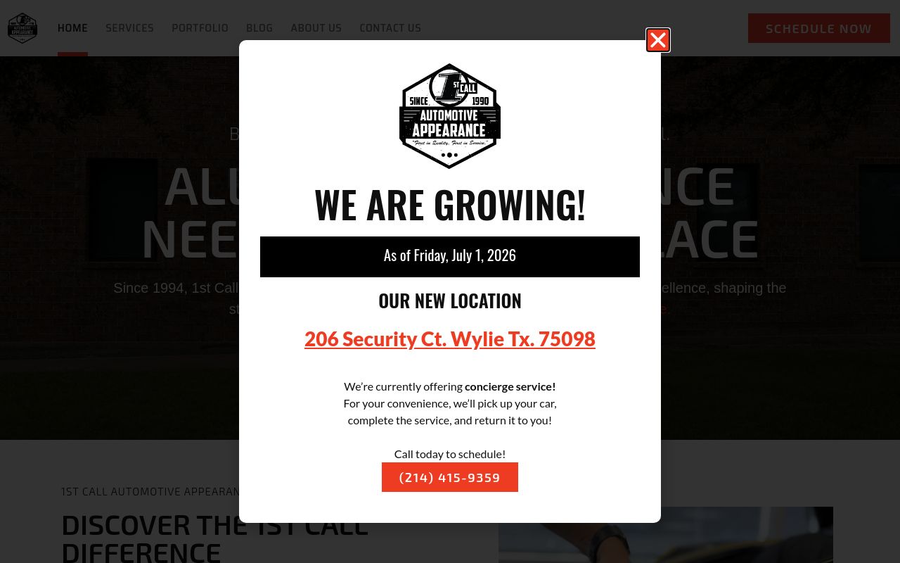 Homepage of 1st Call Auto Appearance Service's website