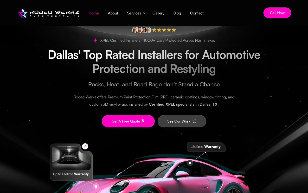 Homepage of Rodeo Werkz | Xpel PPF Tint Ceramic Coating's website