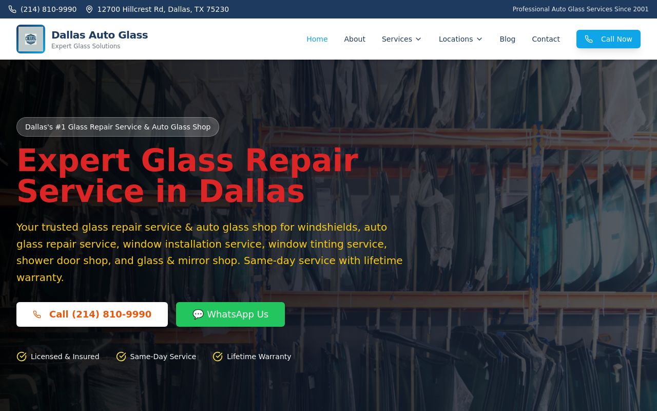 Homepage of Dallas Auto Glass's website