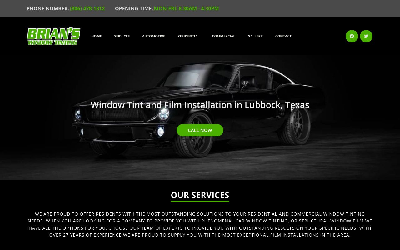 Homepage of Brian's Window Tinting's website