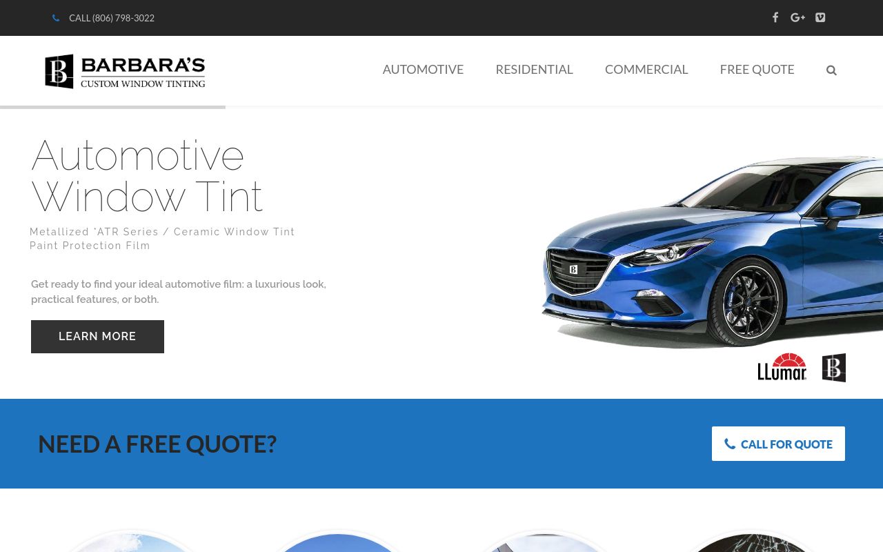 Homepage of Barbara's Custom Window Tinting's website