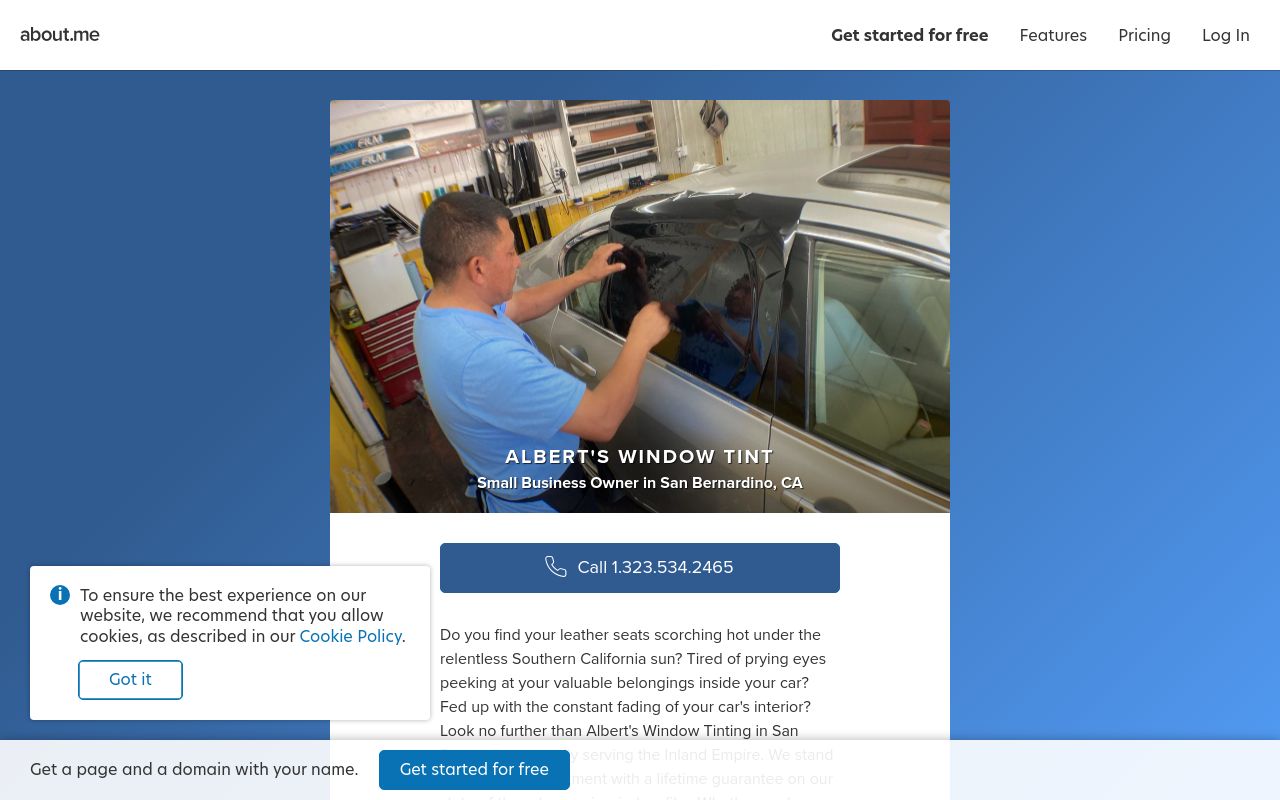 Homepage of Albert's Window Tinting's website