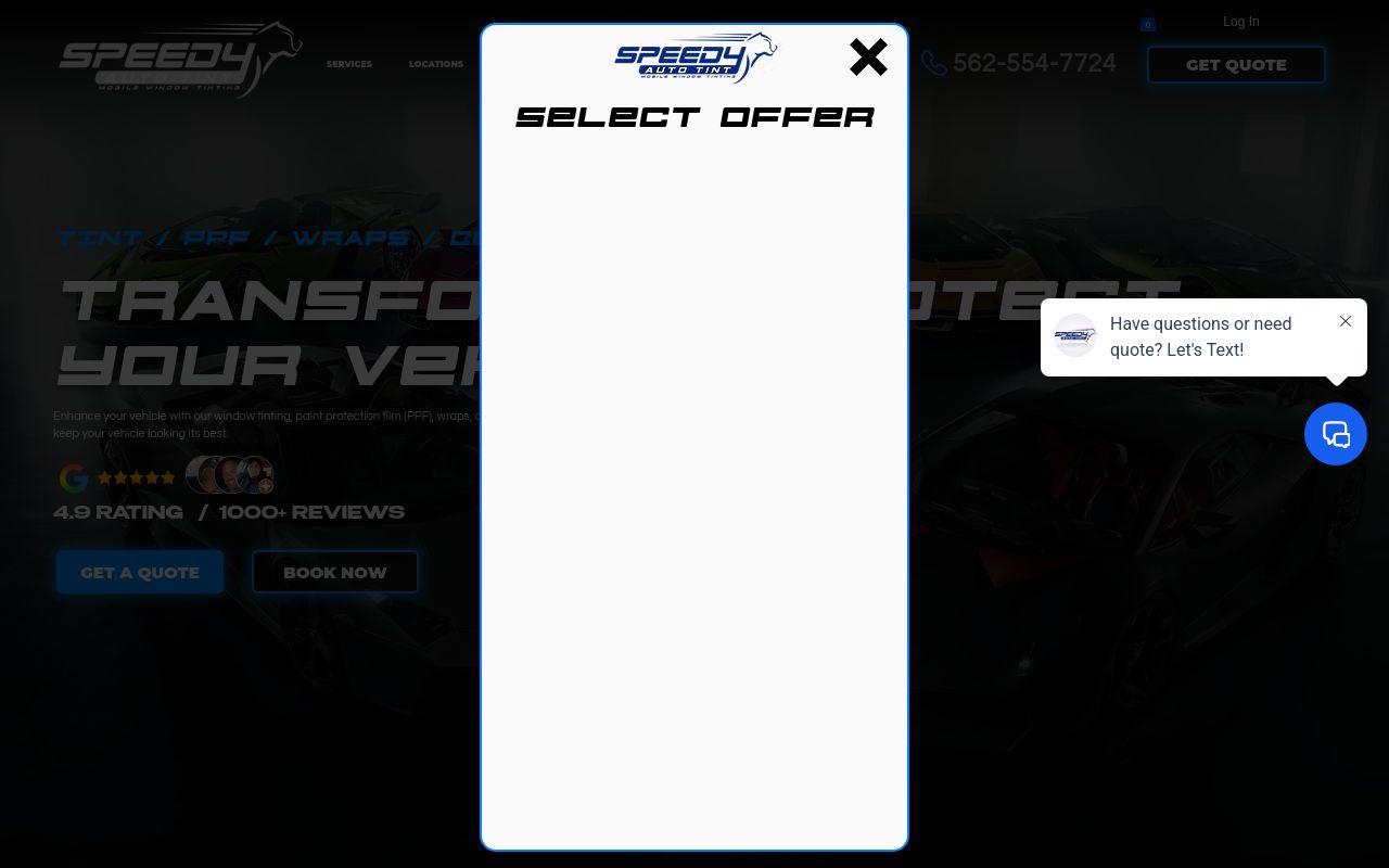 Homepage of Speedy Auto Tint's website