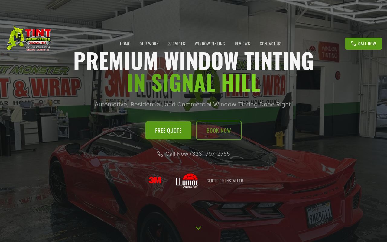 Homepage of Tint Monsters, Car, home & office window tint's website