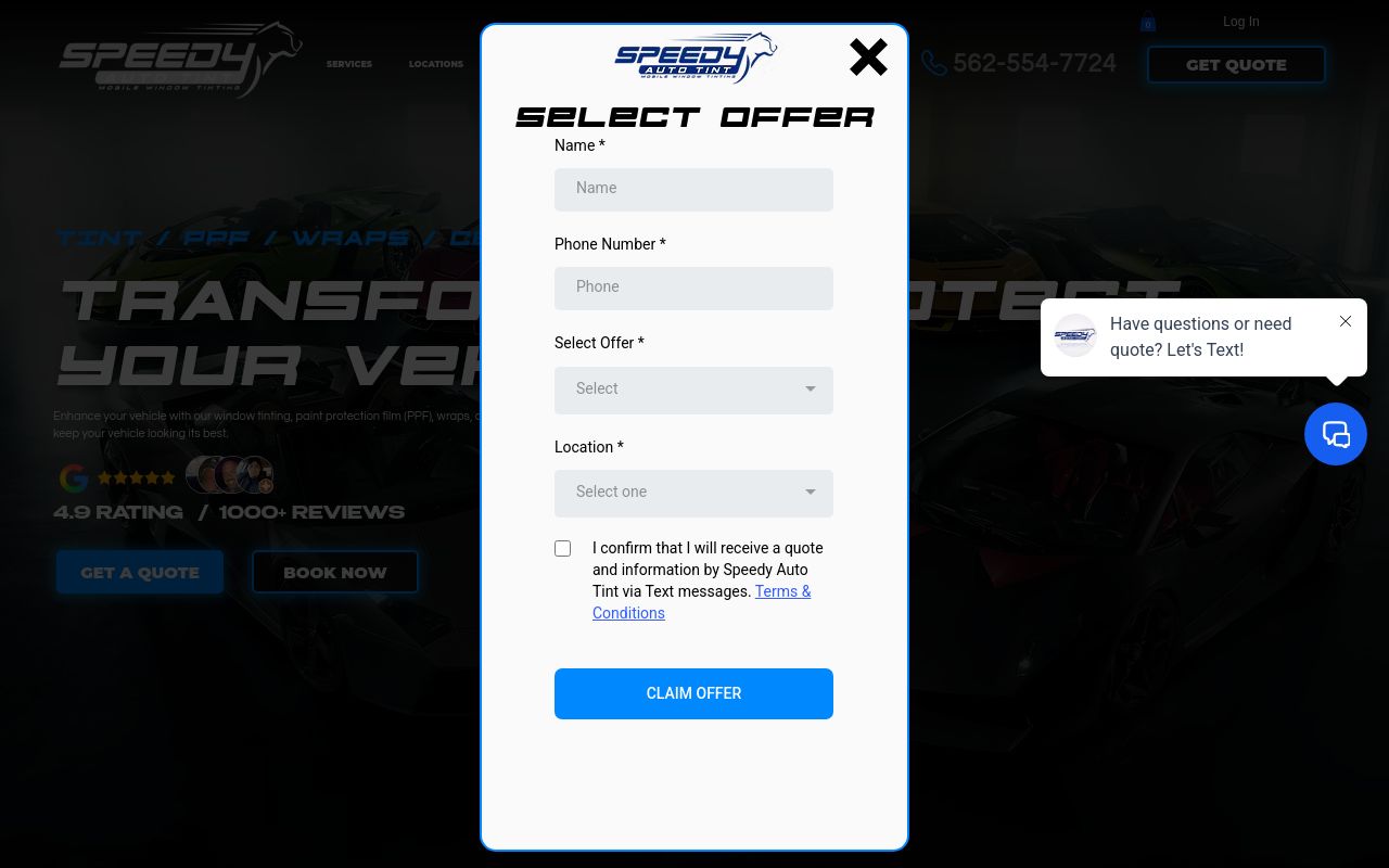 Homepage of Speedy Auto Tint & Detail's website