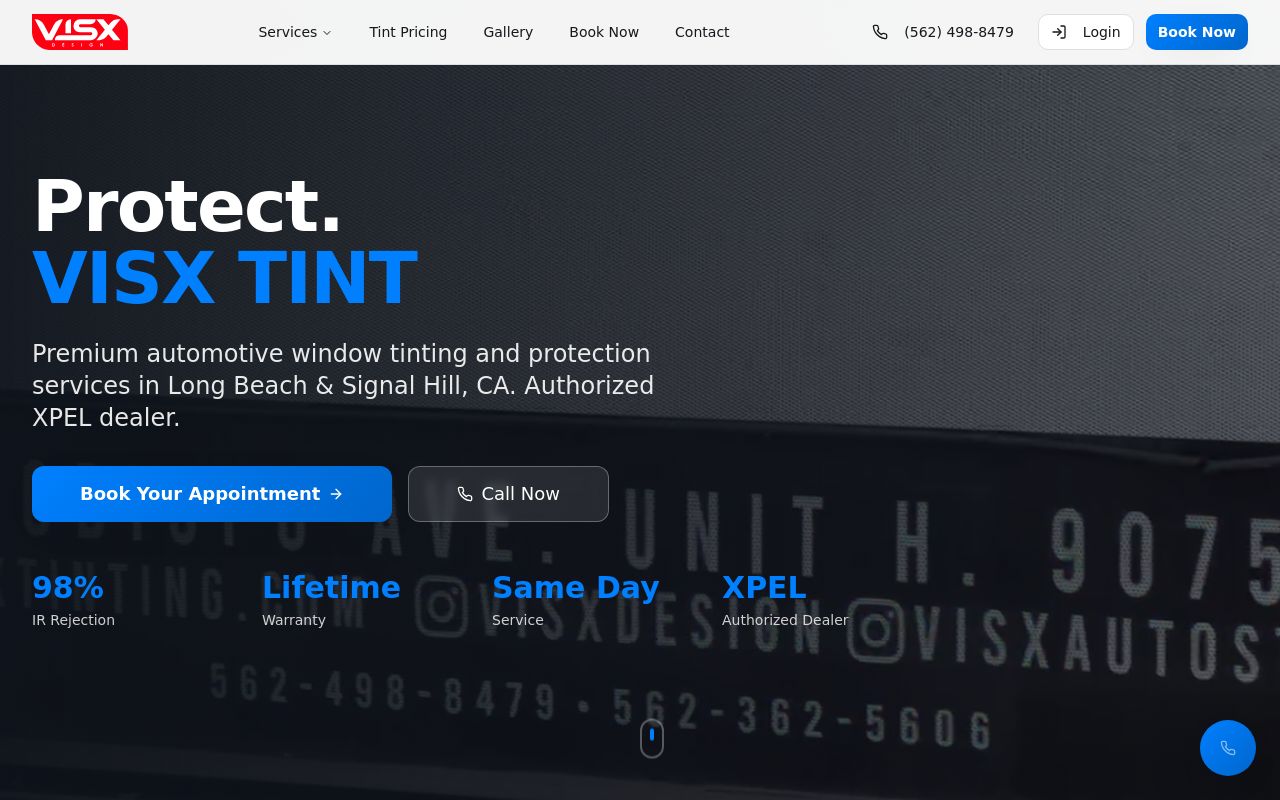 Homepage of Visx Design & Window Tinting's website