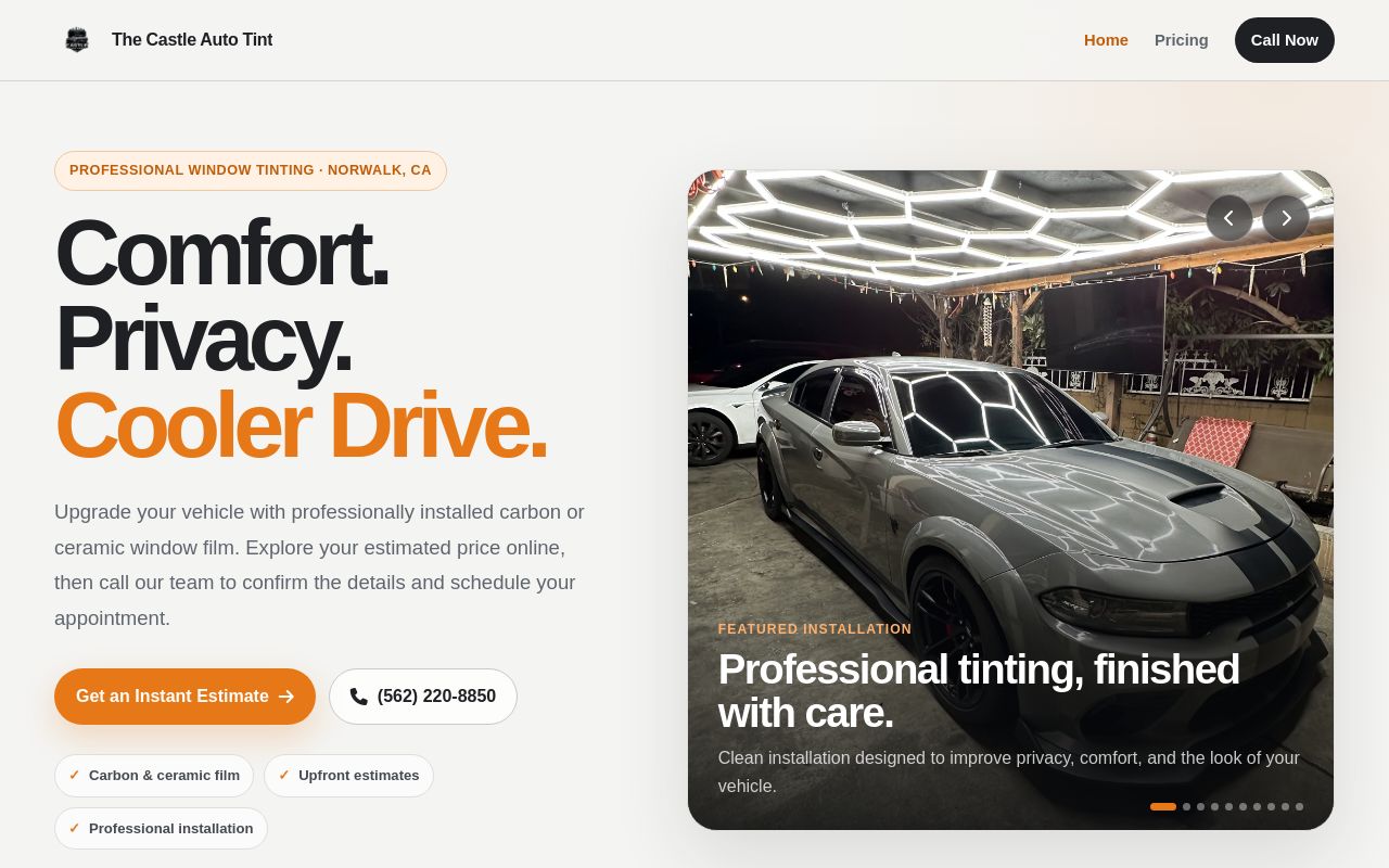 Homepage of Castle Auto Tint's website
