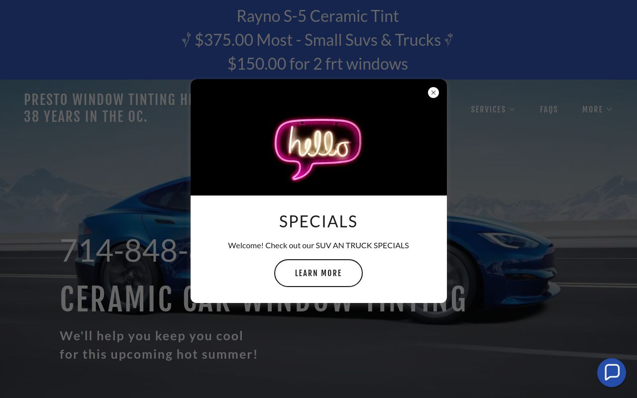 Homepage of Presto Window Tinting's website