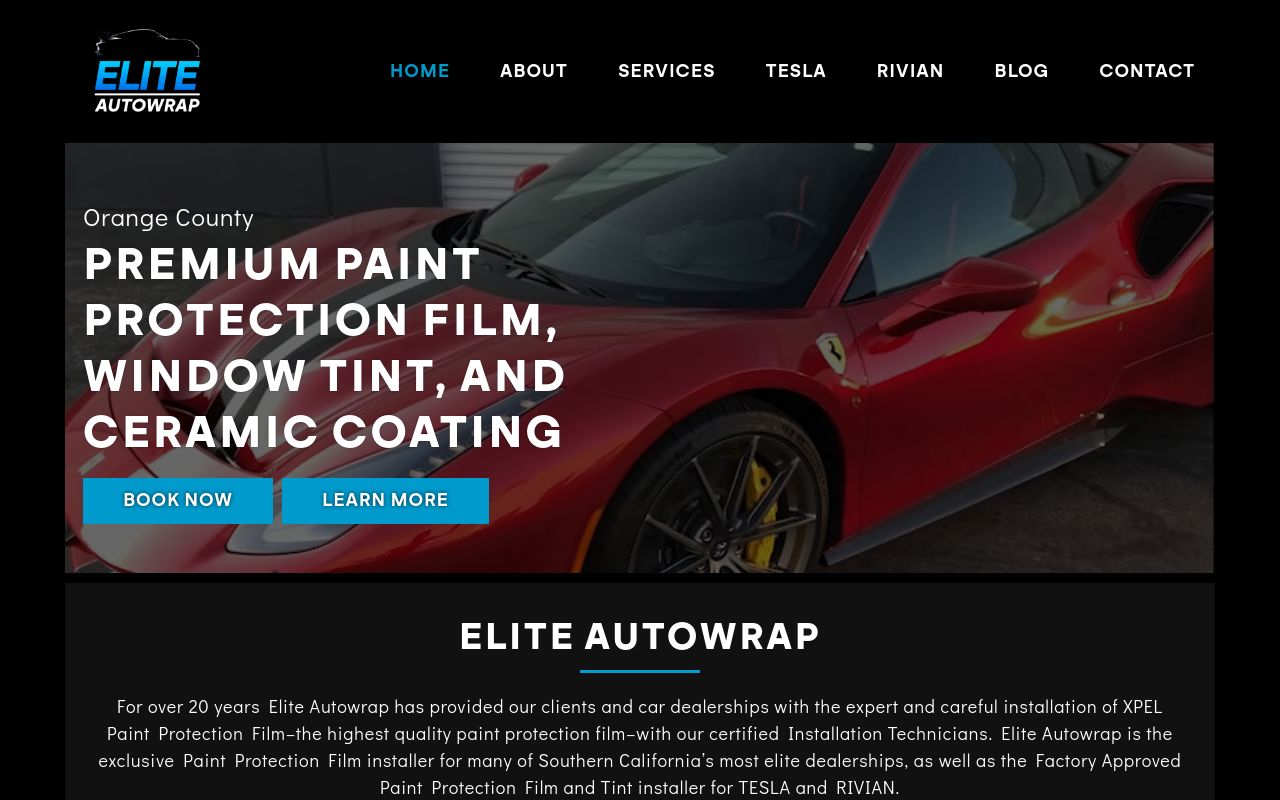 Homepage of Elite Auto Wrap's website