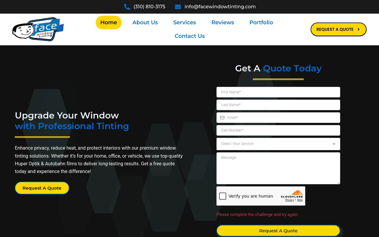 Homepage of Face Window Tinting's website