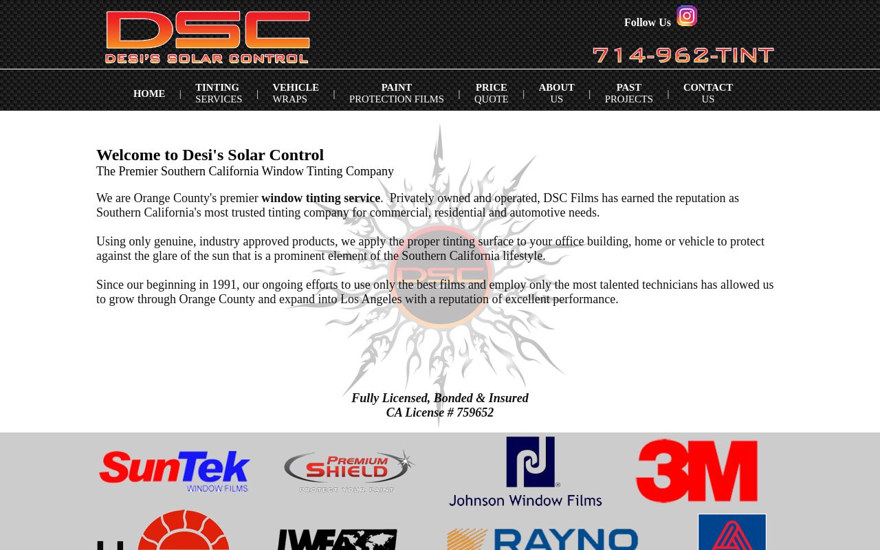 Homepage of Desi's Solar Control's website