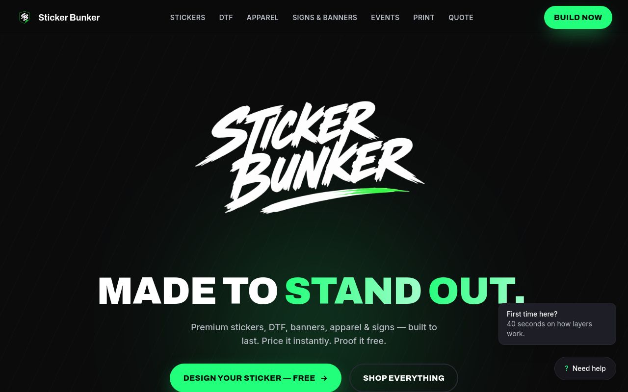 Homepage of Sticker Bunker LLC's website