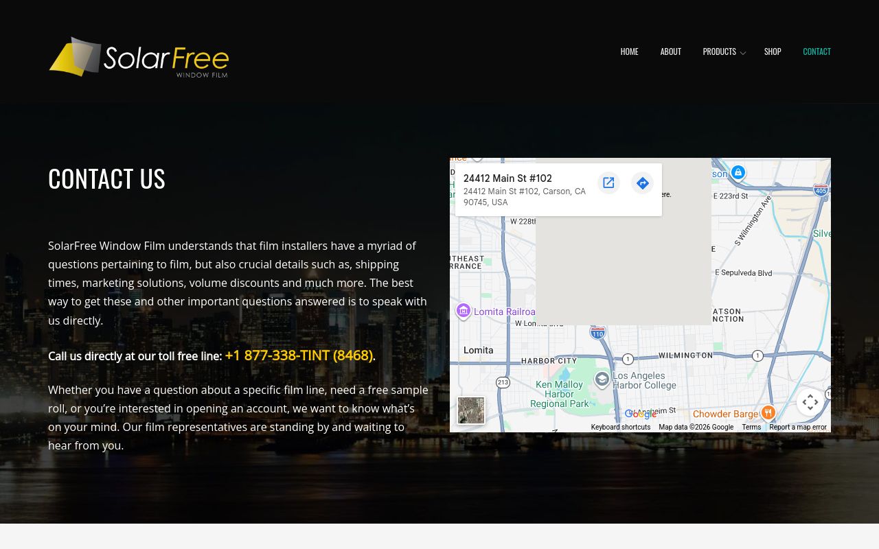Homepage of SolarFree Window Film's website