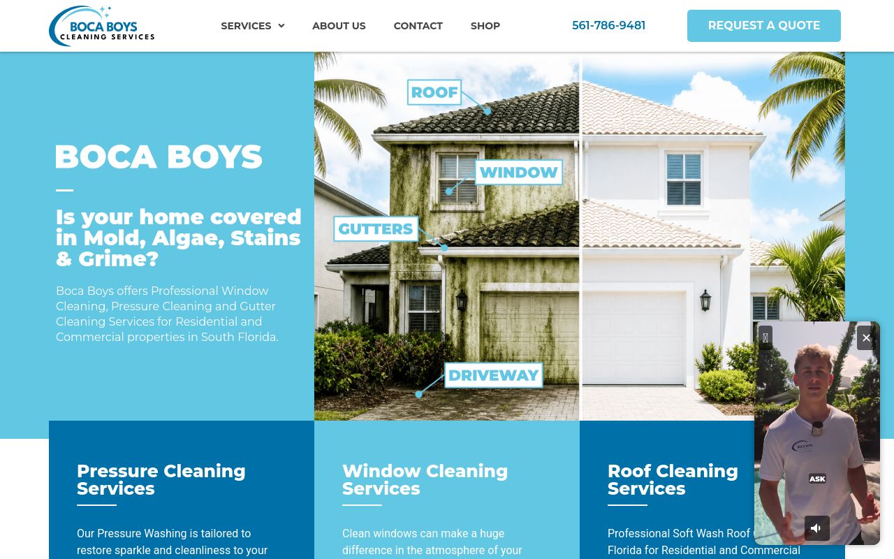 Homepage of Boca Boys Window Cleaning's website