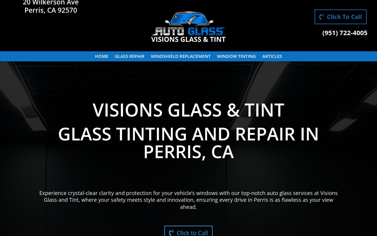 Homepage of Vision Glass & Tint's website
