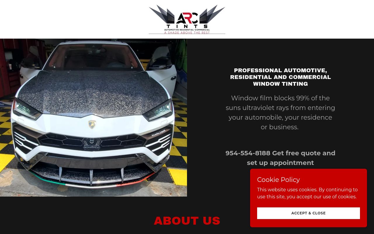 Homepage of ARC Tints's website