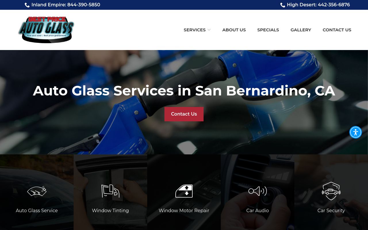 Homepage of Best Price Auto Glass's website