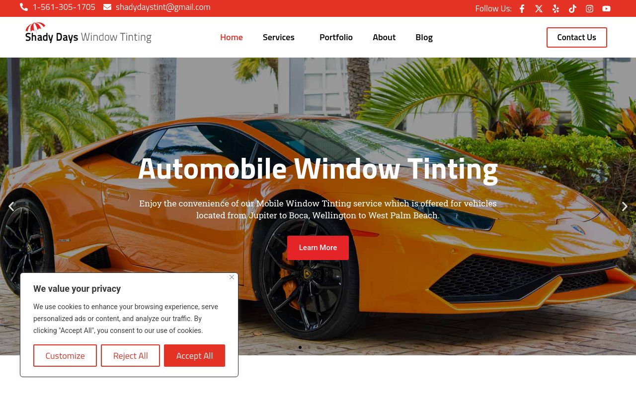 Homepage of Shady Days Window Tinting's website