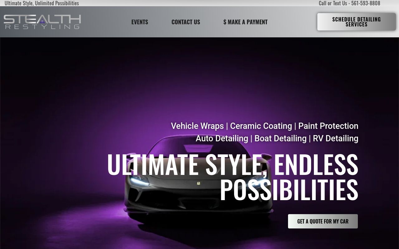 Homepage of Stealth Restyling | Ceramic Coating | Wraps | Detailing's website