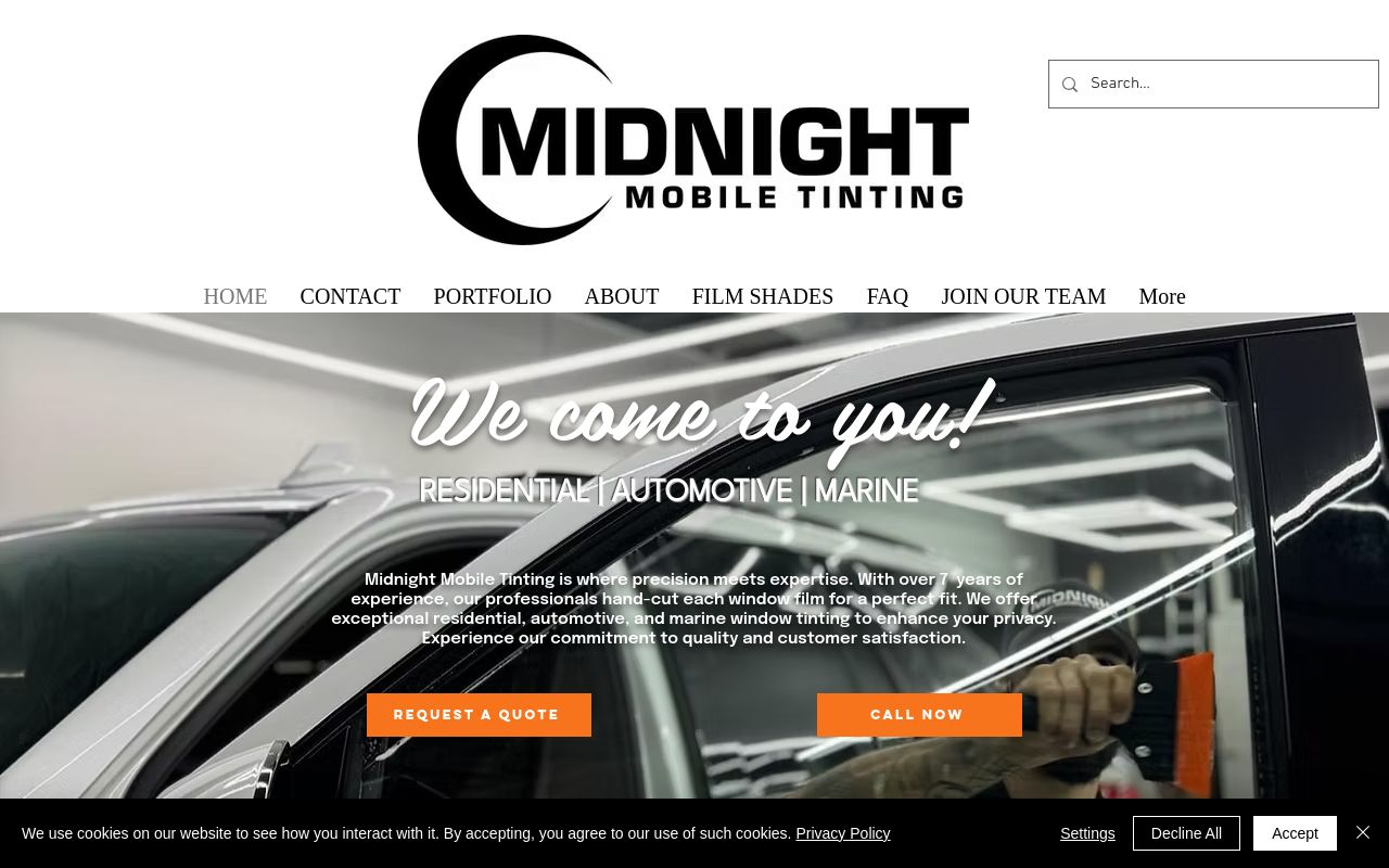 Homepage of Midnight Mobile Tinting LLC's website