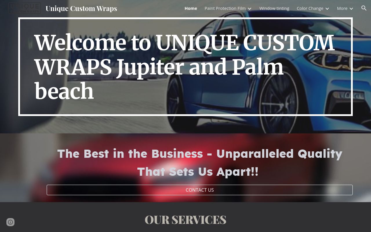 Homepage of UNIQUE Custom Wraps- Paint protection film & Window Tinting Jupiter's website