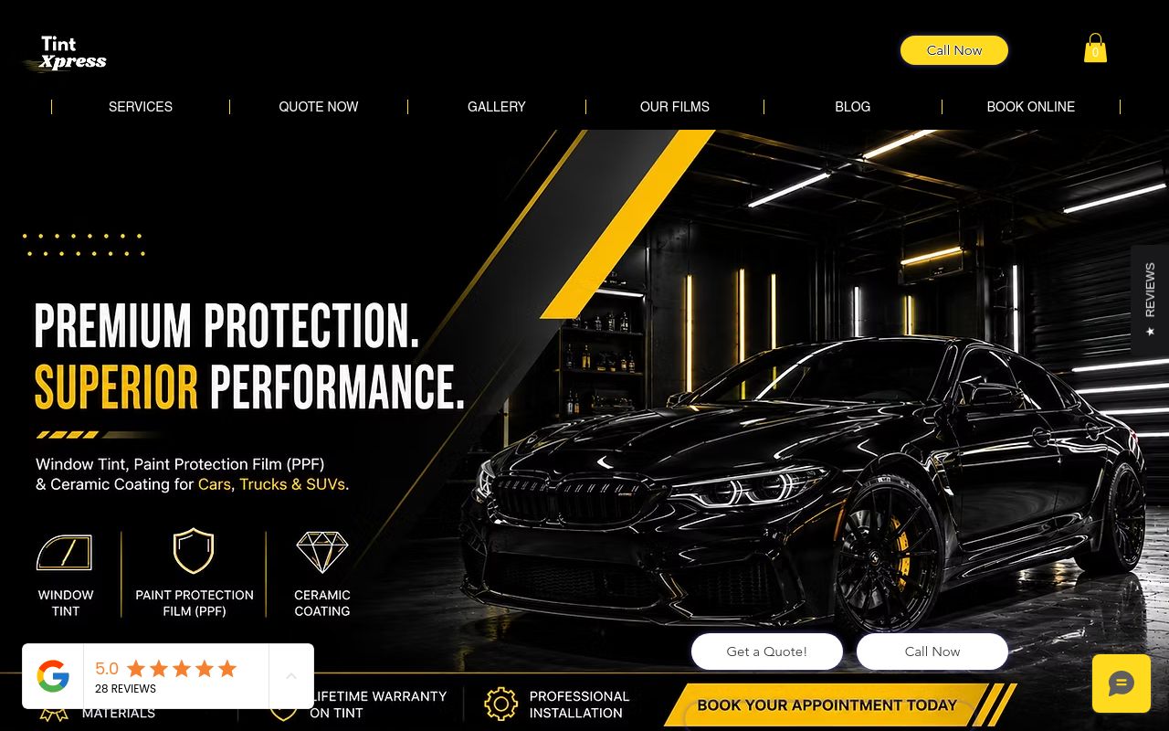 Homepage of Tint Xpress's website