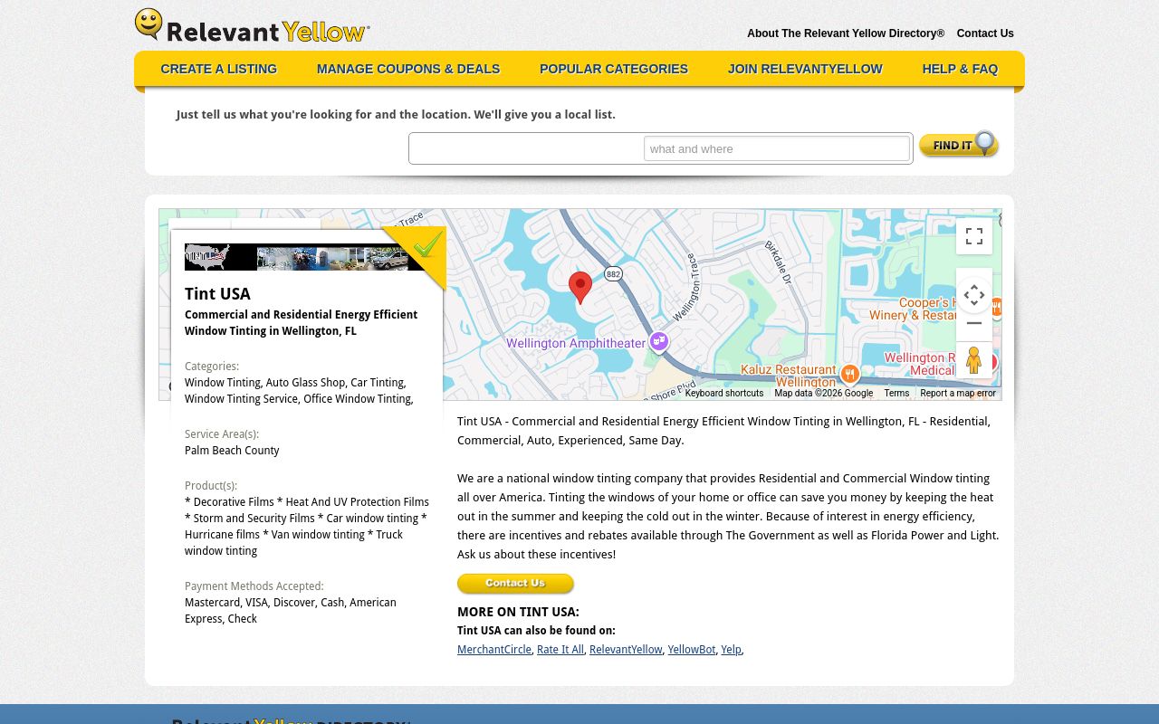 Homepage of Tint USA Window Tinting in Wellington's website