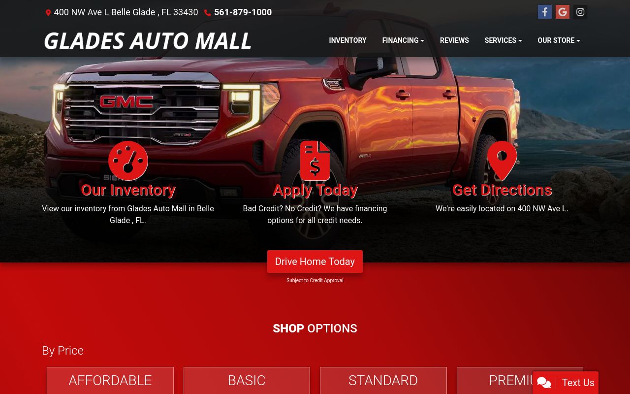 Homepage of Glades Tires For Less's website