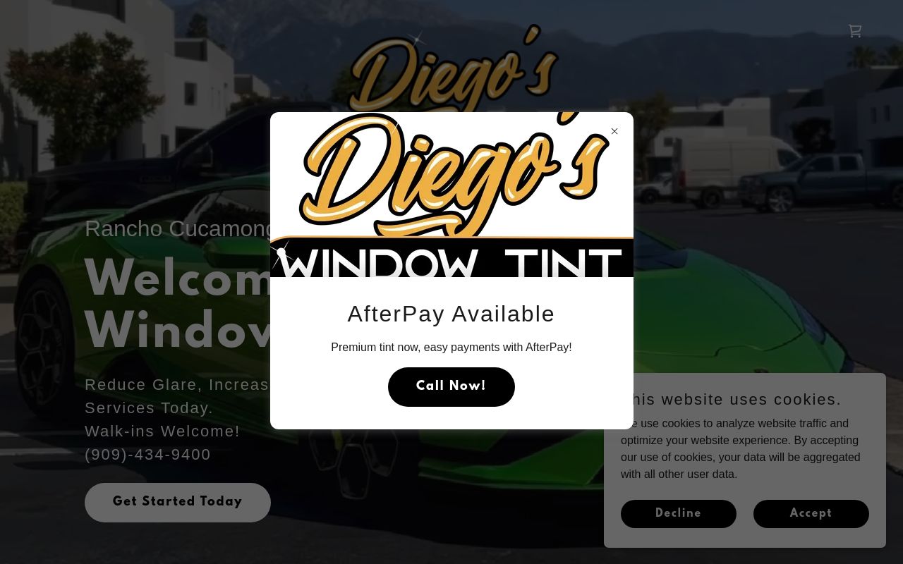 Homepage of Diego's Window Tint's website