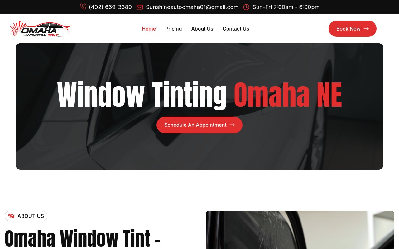 Homepage of Omaha window tint's website