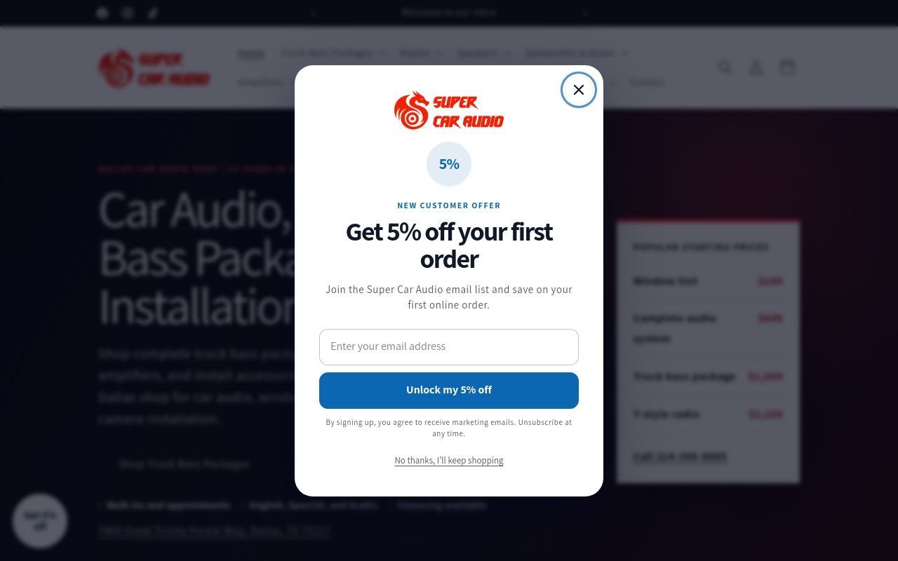 Homepage of Super Car Audio and Tint's website