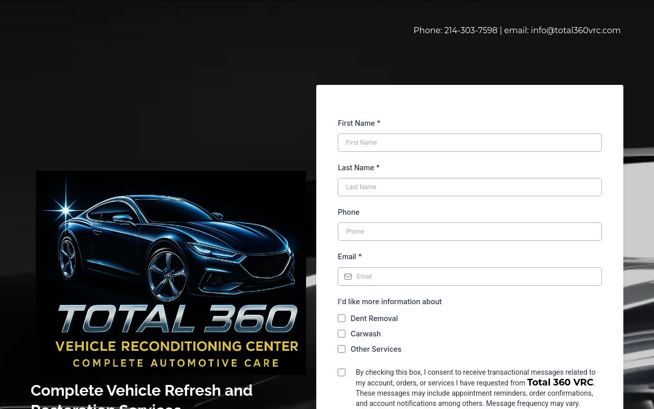Homepage of Total 360 Vehicle Reconditioning Center's website