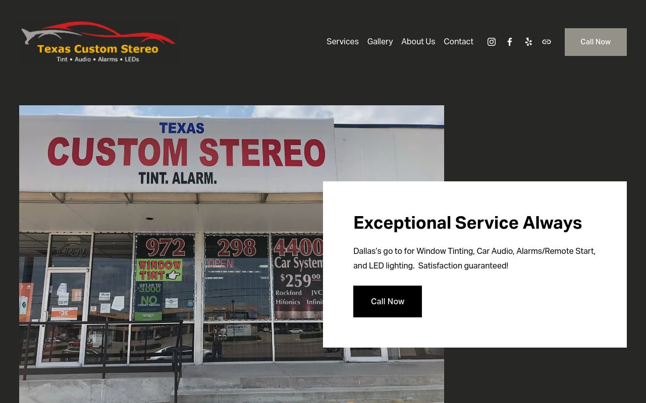Homepage of Texas Custom Stereo Window Tint's website
