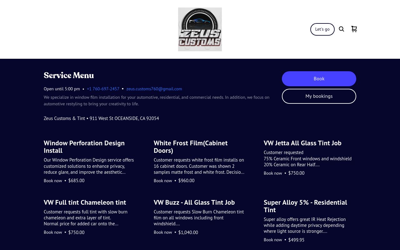 Homepage of Zeus Customs & Tint's website