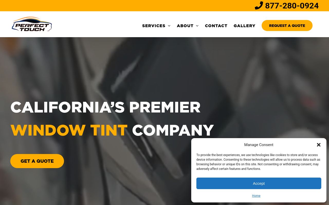 Homepage of Perfect Touch Window Tint's website