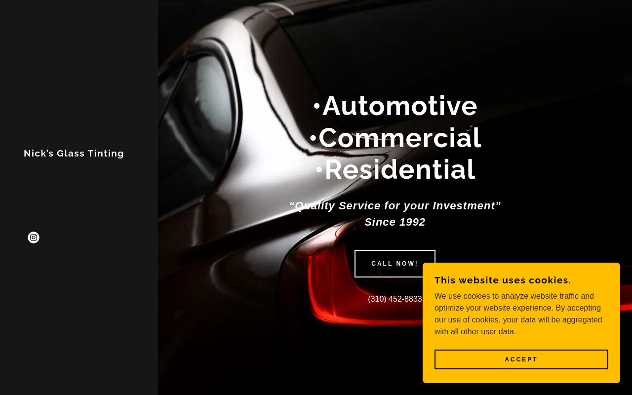 Homepage of Nick's Glass Tinting's website