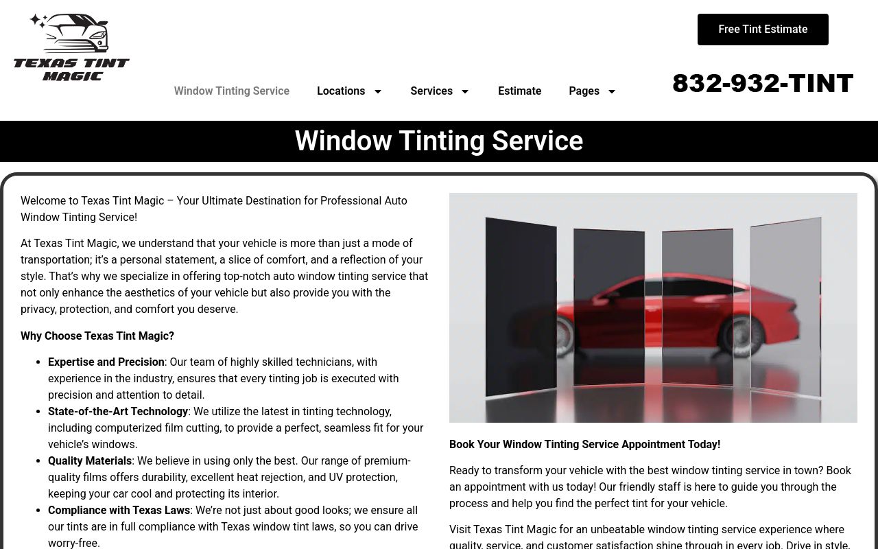 Homepage of Texas Tint Magic's website