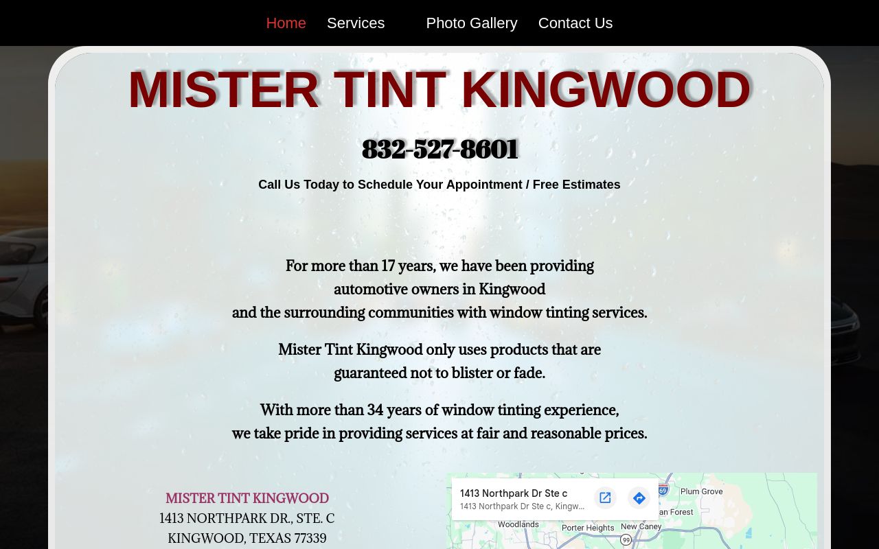 Homepage of Mister Tint Kingwood's website