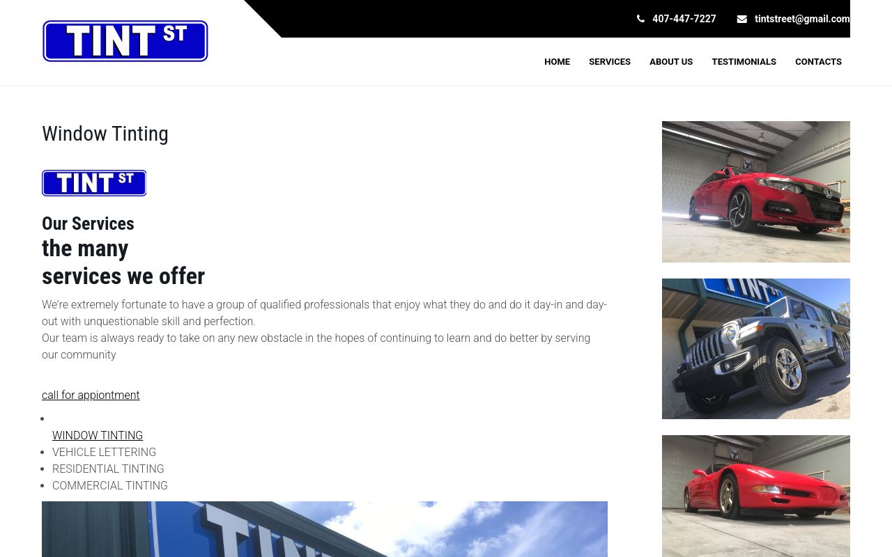 Homepage of Tint st Window Tinting's website