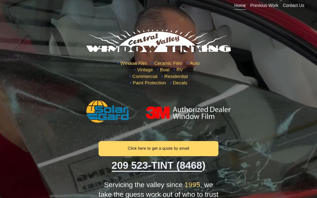 Homepage of Central Valley Window Tinting's website