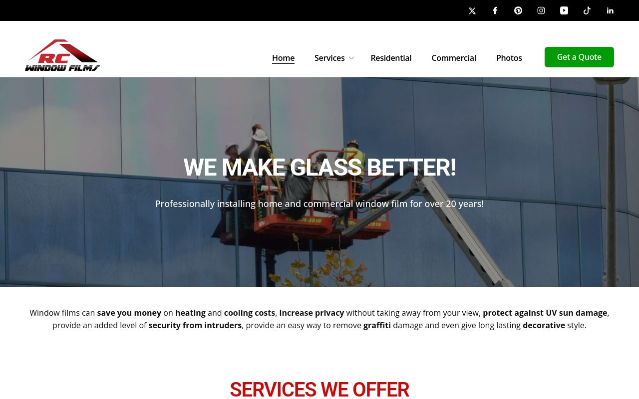 Homepage of RC Window films's website