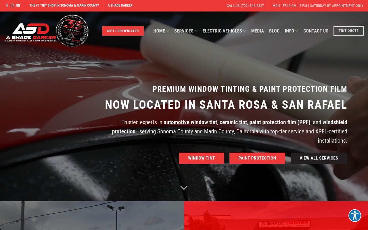 Homepage of A Shade Darker Window Tinting & Paint Protection's website