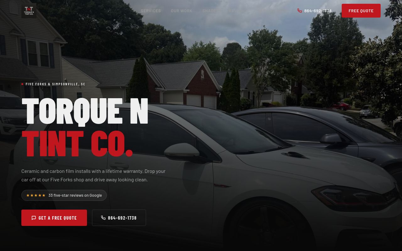 Homepage of Torque N Tint Co.'s website