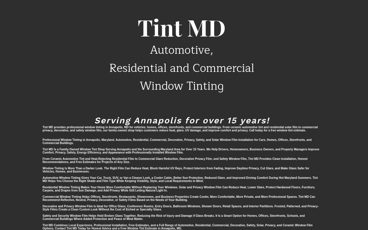 Homepage of Tint MD, LLC's website