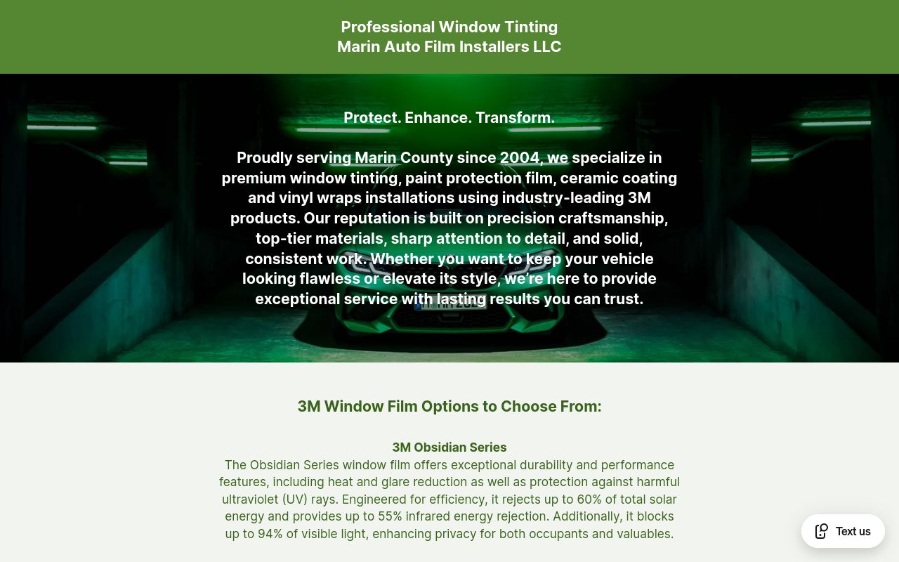 Homepage of Professional Window Tinting Marin Auto Film Installers LLC's website