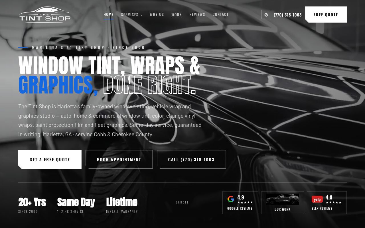 Homepage of The Tint Shop's website