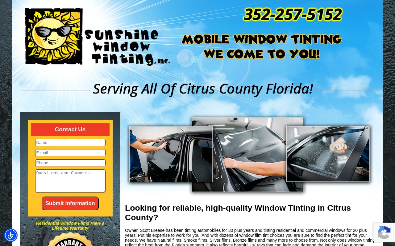 Homepage of Sunshine Window Tinting Inc's website