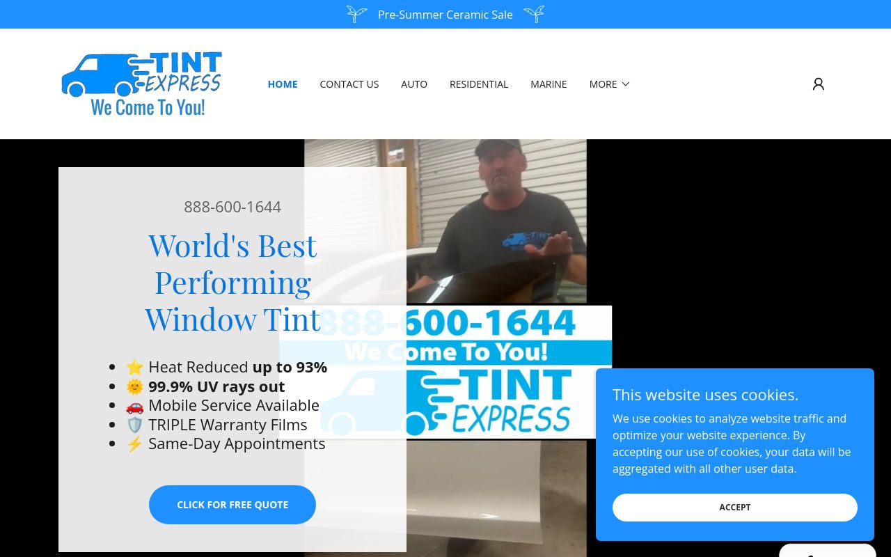 Homepage of Tint Express's website