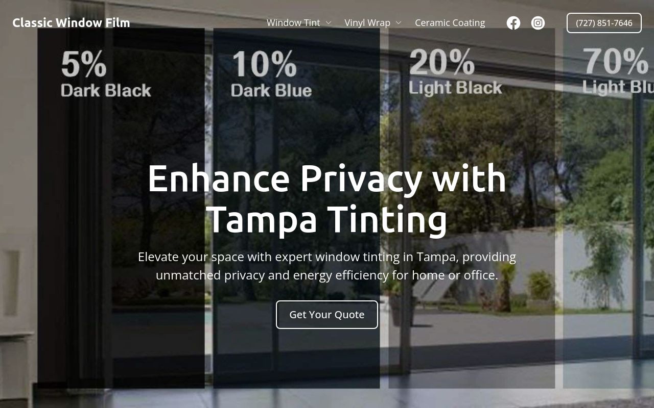 Homepage of Classic Window Film's website